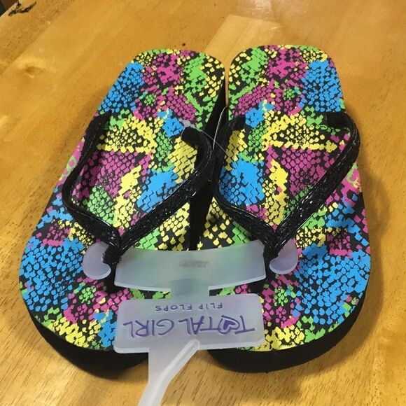 NWT Total Girl JCPENNEY black neon colored flip flops size 2-3 - Picture 1 of 6